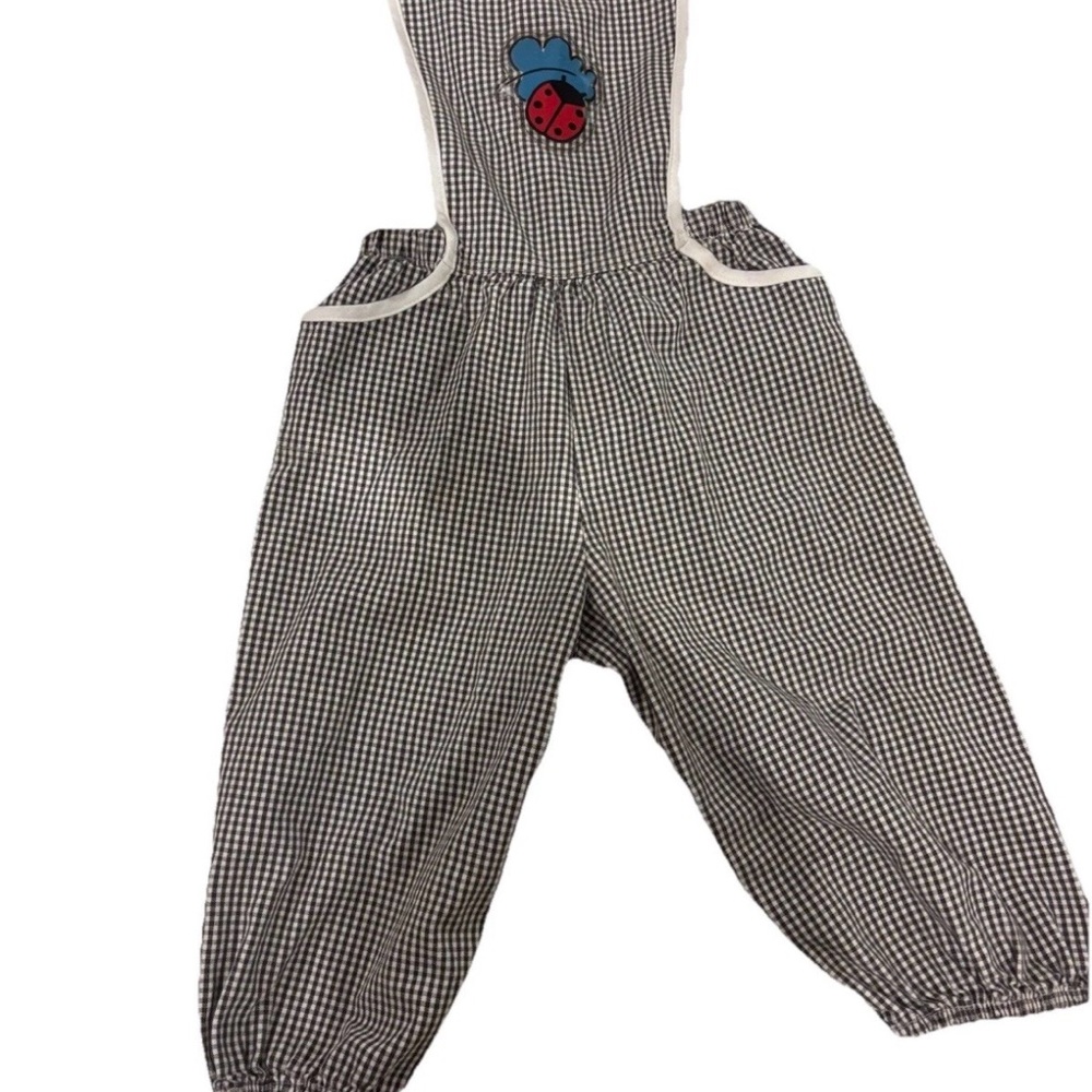 OshKosh Black and White Gingham ladybug Overalls made in USA. 100% cotton. 90’s